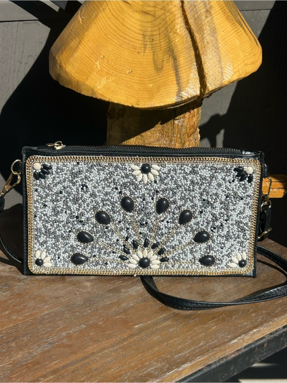 COCO + CARMEN White And Black Artisan Beaded Crossbody Clutch Bag